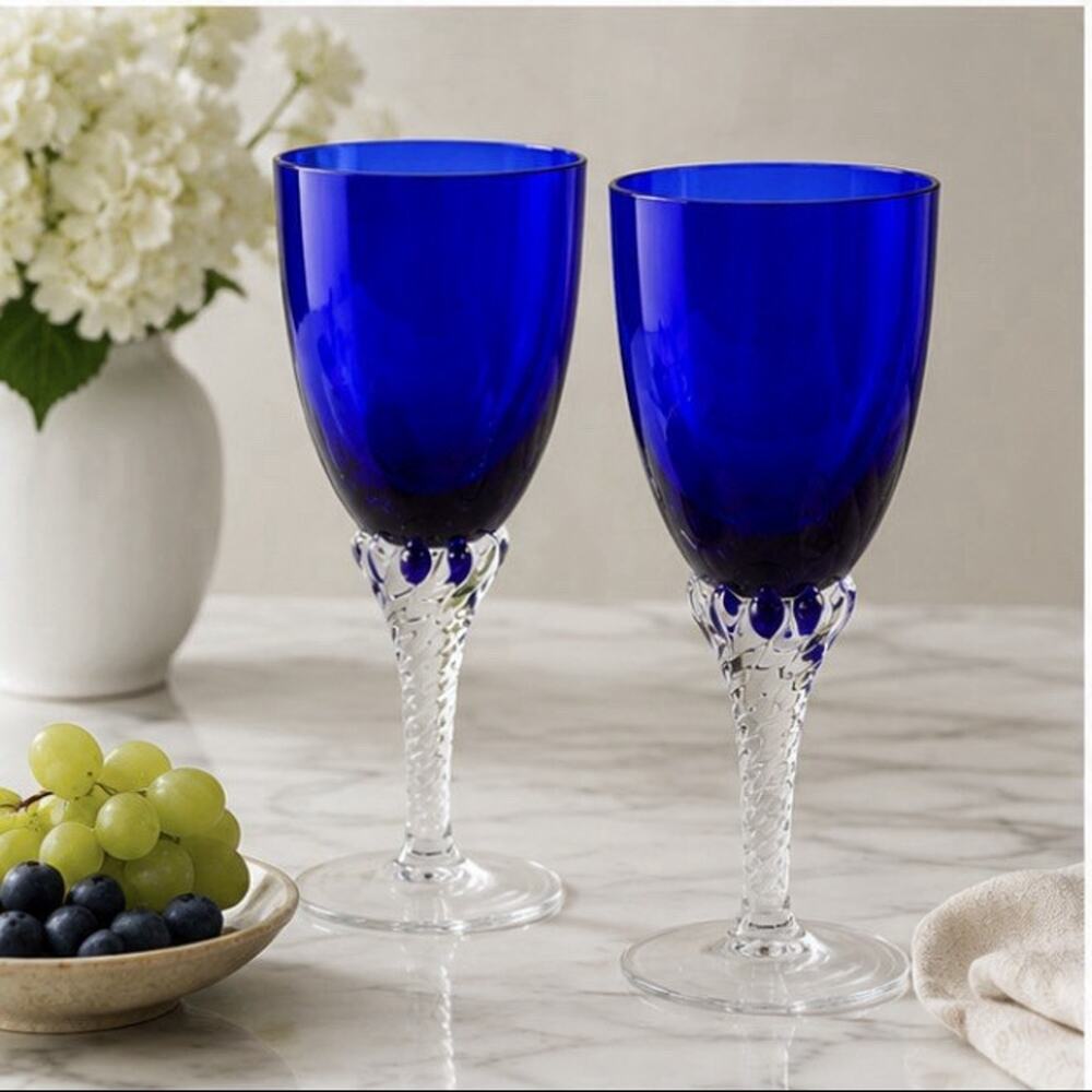 Colony Pirouette Wine Glasses Cobalt Blue Twisted Stem Set of 2 Goblets Handmade